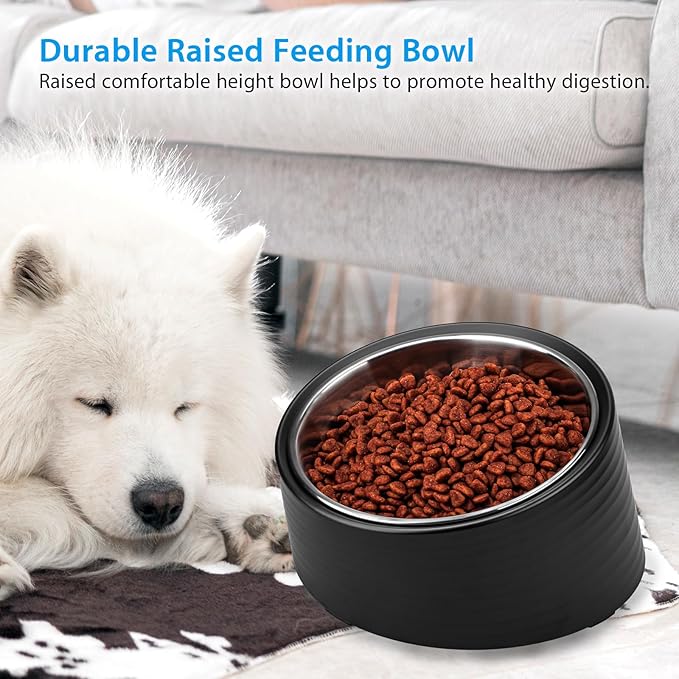 Tilted Angle Dog Bowl, 15° Slanted Stainless Steel Dog Cat Food Bowl, Non-Slip & Non-Spill Pet Feeder with Elevated Detachable Melamine Stand, Easy to Get Food Dish, Large 2 Cup Black