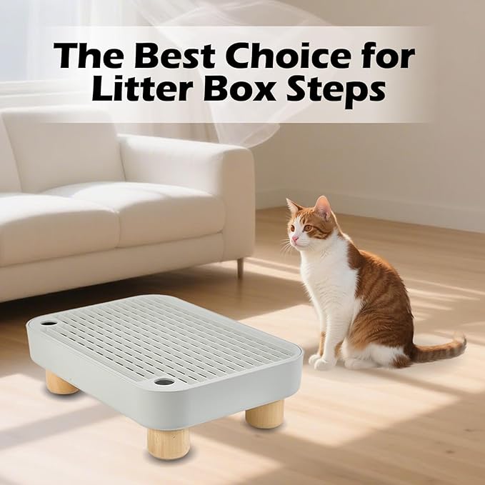 SpaceTime Elevated Cat Litter Mat for Litter Box,Trapping Litter Ramp/Steps for Floor Indoor,Washable Easy Cleaning Cat Pad with Filter Function,Suitable for Kitty & Senior Cats (Grey-Elevated Wooden)