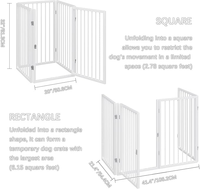 Vantas Folding No-Assembly Metal Pet Gate 80" Wide, 32" Extra Tall Dog Gate with Door Walk Through, Freestanding Accordion Puppy Gate Dog Door for Indoor & Outdoor, with 2PCS Support - White