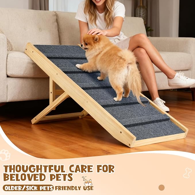 Upgraded Dog Ramp for Couch, Foldable Small Dog Pet Ramp for Low Bed, 5 Adjustable Height from 12'' to 20" Dog Stairs with Non-Slip Pad, 13.8" Wide Wooden Pet Steps for Dogs to Get on Bed Couch Car