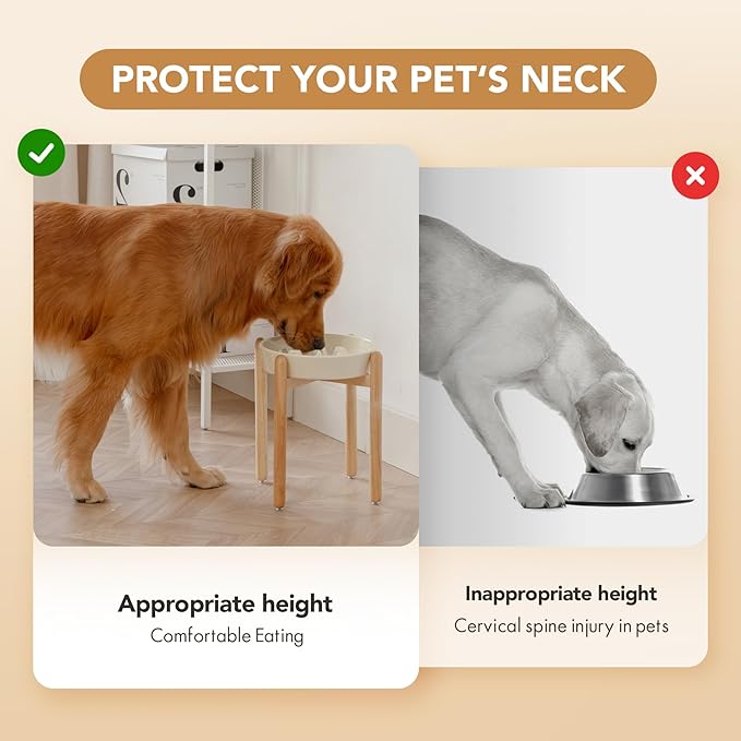 Ceramic 3.2 Cup Dog Raised Slow Feeder Set, Elevated Bowl with Wooden Stand for Large Dog, 9.5inch Slow Feeder Dish for Fast Easters, Anti-Gulping(Beige, Single Bowl+ Stand)