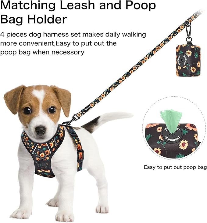 Petmolico No Pull Dog Harness Set with Leash Attachment Easy Control Handle Reflective Harness Vest Small Breed, Puppy Vest and Leash Set with Poop Bag Holder, Medium - Sunflower