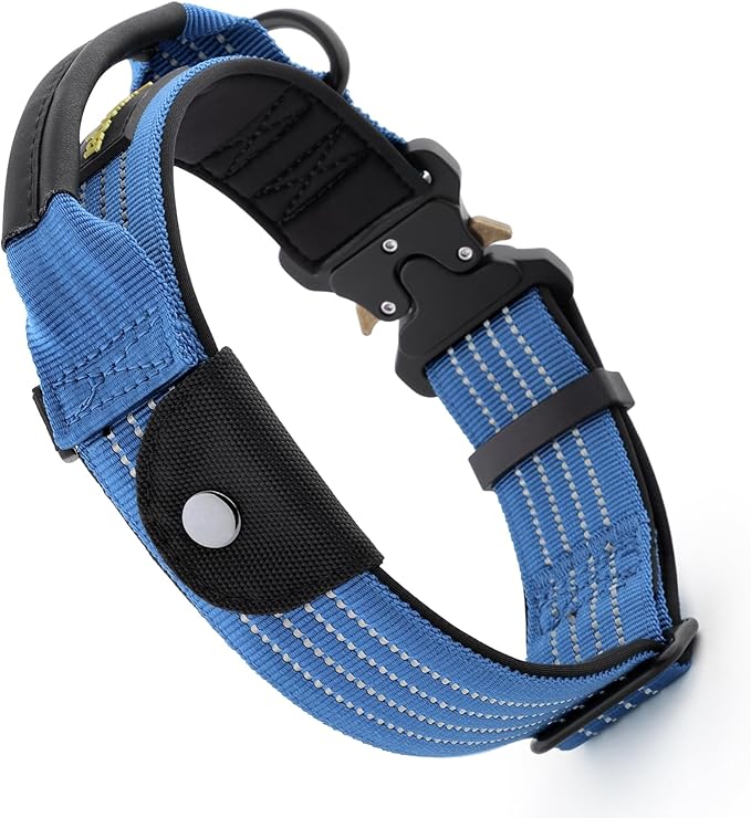 Plutus Pet Tactical Dog Collar with Tracker Packet for AirTag, Adjustable Reflective Nylon Collar, Metal Buckle, Leather-Wrapped Handle, Soft Padded for Medium Large Dogs (Blue, S)