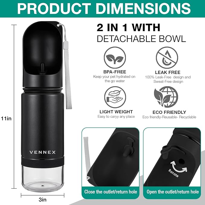 Dog Water Bottle Portable Stainless Steel Leak Proof Wide Mouth BPA Free Water Dispenser for Medium Small Dogs Pups 2 in 1 with Detachable Bowl Traveling Outdoor Walking Hiking Accessories (12OZ).