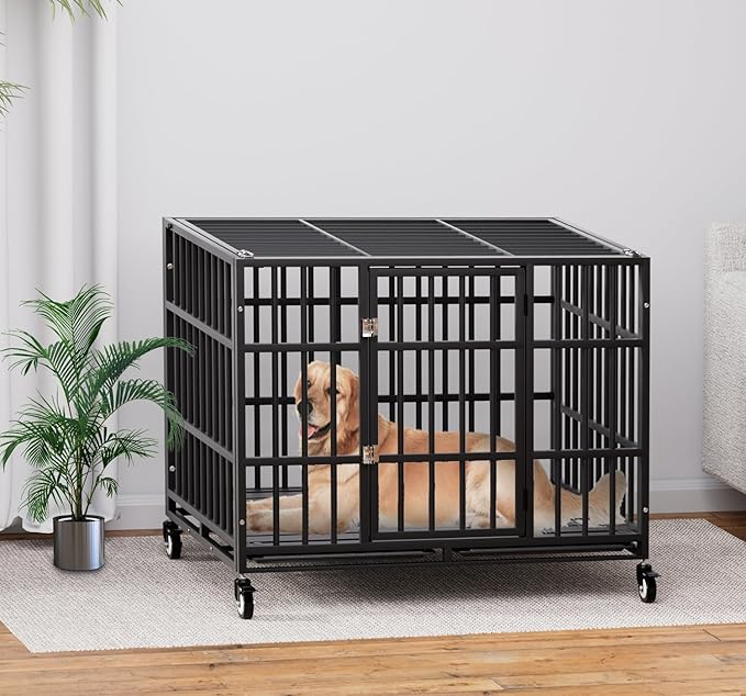 42 Inch Heavy Duty Dog Crate with Wheels,Indestructible Escape-Proof Dog Kennel with Locking Latch and Double Door,Extra Large XL XXL Crate Indoor for Large and Medium Dog with Removable Tray