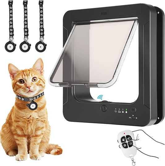 Smart Cat Door with 3 Collar Sensor, RFID Cat Door Collar Activated with Remote Control, 4 Way Locking Cat Flap Automatic Pet Door