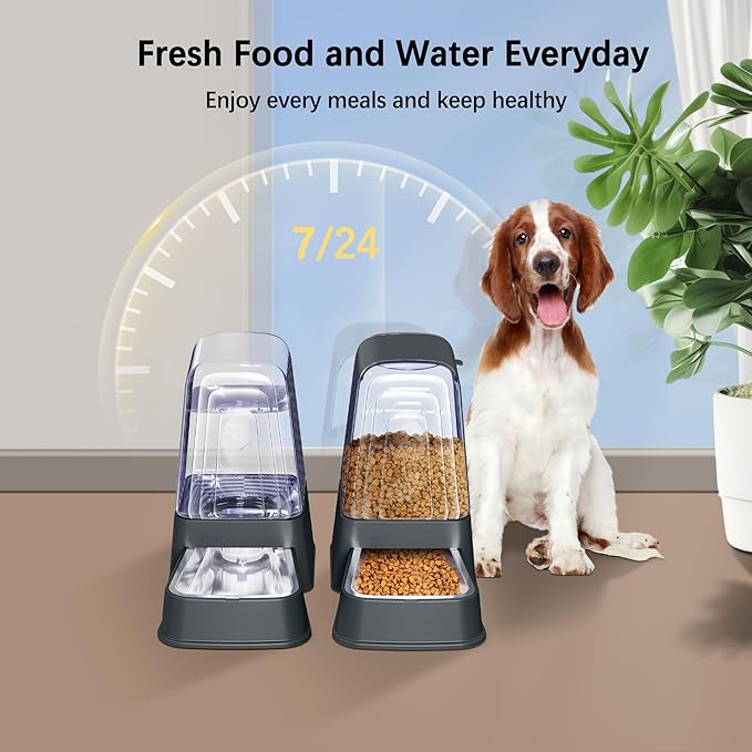 Automatic Dog and Cat Food Feeder and Water Dispenser Set with Stainless Steel Bowls,Gravity Pet Food and Water Feeders,100% BPA-Free,Large Capacity for Cats Dogs Pets… (5L Dark Gray)