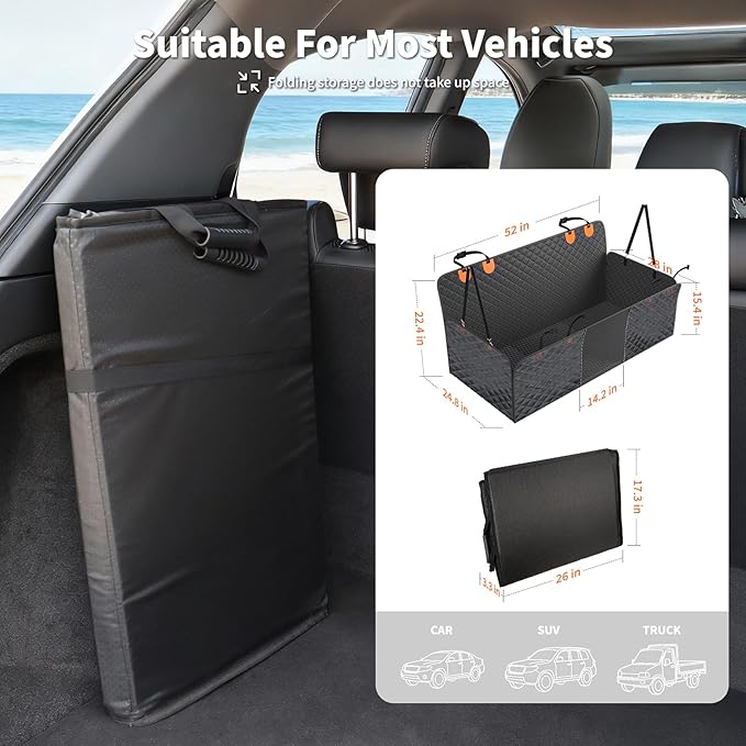 HOTEAGLE Dog Seat Covers for Back Seat, Hard Bottom Back Seat Extender for Dogs, 600D Upgraded Material Waterproof and Comfortable with 400lbs Holds, Ideal for Car Trips and Outdoor Adventures(Black)