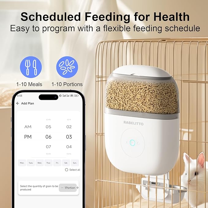 Hanging Automatic Rabbit Feeder with 1080P HD Camera,WiFi Smart APP Control 1-10 Meals A Day, 62oz Storage, Multiple Pet Cage Compatibility, Small Animal Food Dispenser for Bunny Chinchilla Guinea Pig