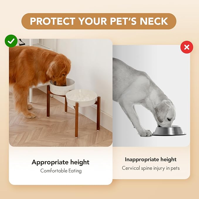 Ceramic 3.2 Cup Raised Slow Feeder Dog Bowl Set, Elevated 8.2inch Bowl and 9.5inch Slow Feeder Dish with Acacia Wood Stand for Large Dog (2 x Reactived Glaze -White+ Stand)