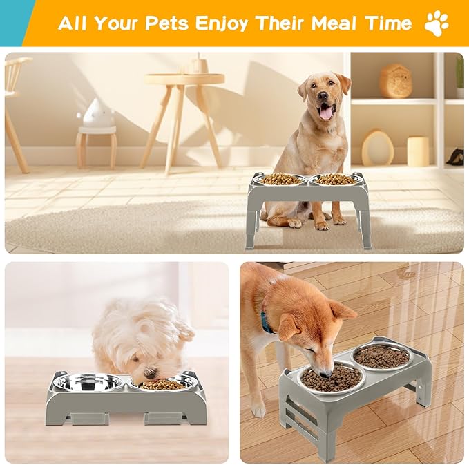 Elevated Bowls for Small Dogs - 3 Height Adjustable Raised Stand With 25oz Stainless Steel Food Bowls, Anti-Slip Feeder Adjusts to 7.5", 6", 2.75", Light Brownish Gray
