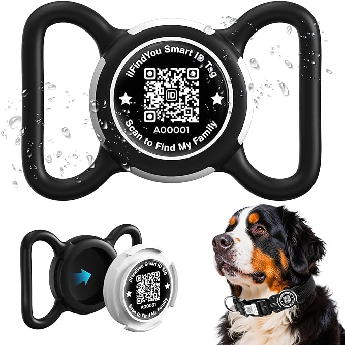 Waterproof AirTag Dog Collar Holder for Apple Tracker QR Code Case Black