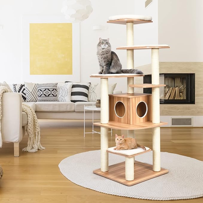 PETSITE 69 Inches Tall Cat Tree, Modern Wooden Cat Tower with Sisal Scratching Posts, Double-Entry Cat Condo, Multiple Jumping Platforms with Removable Soft Pads, Ideal for Indoor Cats Large Adult