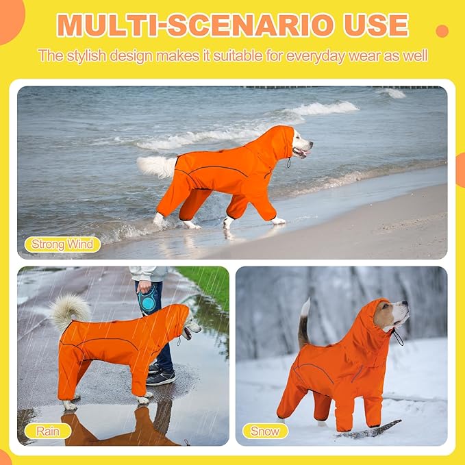 Dog Raincoat, Waterproof Dog Rain Jacket with Removable Hood,Adjustable 4 Legs Pet Poncho with Leash Hole,Reflective Stripe Hooded Snowproof Windproof Clothes for Small to 3X-Large Dogs, 3XL