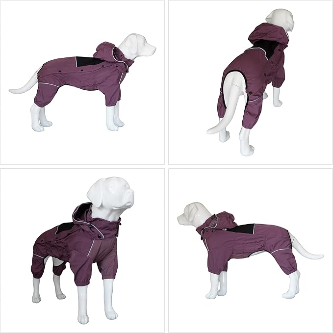 LOVELONGLONG Waterproof Dog Raincoat with Removable Hood – Outdoor Full Body Dog Jacket, Windproof Snowproof Shell Suit – All Season Pet Rain Gear Plum Purple XL