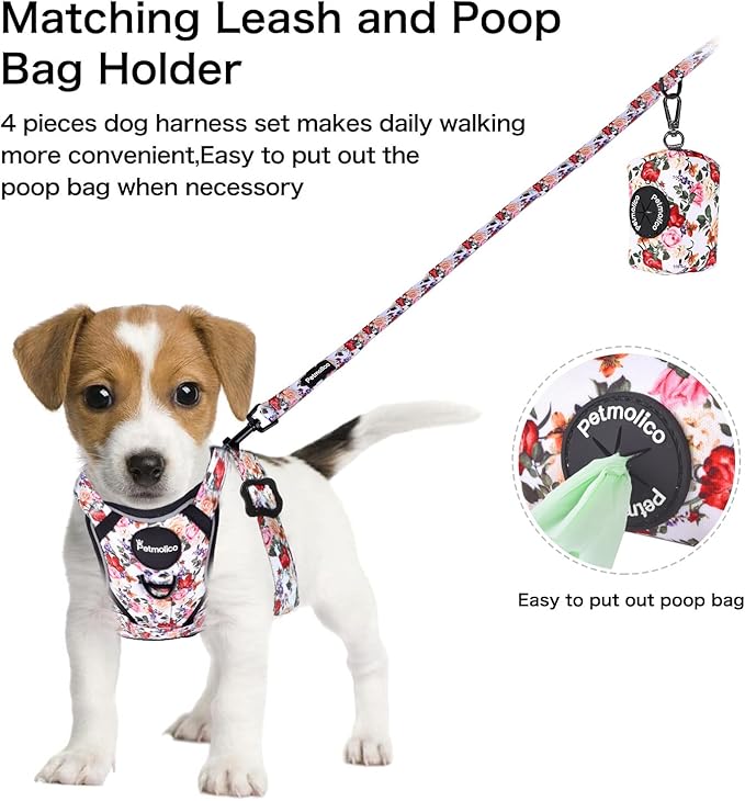 Petmolico No Pull Dog Harness Set with Leash Attachment Easy Control Handle Reflective Harness Vest Small Breed, Puppy Vest and Leash Set with Poop Bag Holder, Medium - White Rose