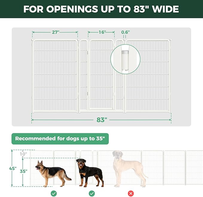 FXW Dog Gate Extra Wide Designed for Indoor Use, Adjustable Width Up to 83-inch Wide (45" H 3 Wire Panels for Large Dogs), White