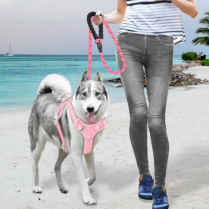 BARKBAY No Pull Dog Harness Large Reflective Dog Harness with Front Clip and Easy Control Handle for Walking Training Running with ID tag Pocket(Baby Pink,XL)