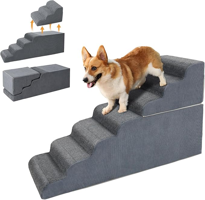7-Steps Dog Stairs for High Bed and Couch 29.5" H, Wider Pet Stairs for Small Old Large Dogs Cats, 30°Steady Non-Slip Dog Steps, Washable Dog Ramp with Removable Cover, PE Boards