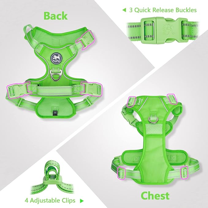 PoyPet No Pull Dog Harness, No Choke Reflective Dog Vest, Adjustable Pet Harnesses with Easy Control Padded Handle for Small Medium Large Dogs(Green Matching Trim,L)