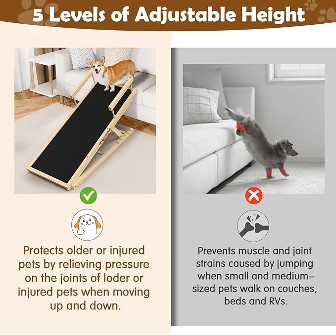 Dog Ramp for Couch, Bed or Car, Wooden 55" Long Pet Stairs for Small & Large Old Dogs & Cats, Hold up to 250lb, 6 Adjustable Height from 19.68" to 27.55" Portable Doggie Steps, Excellent Traction