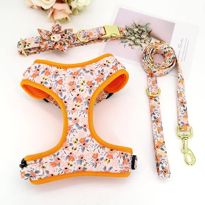 Beirui Cute Girl Dog Collars, Harnesses & Leashes Set - Adjustable Dog Collar and Leash Set with Flower - Soft Mesh Dog Vest Harness for Puppies Small Medium Dogs (Orange,M)