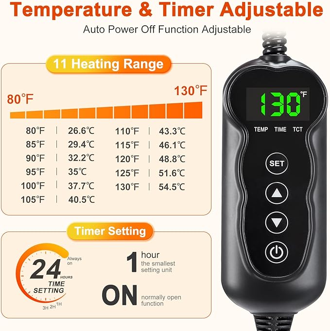 Large Pet Heating Pad, Waterproof Heated Dog Cat Bed with 11 Adjustable Temperatures & 24H Timer, Auto Shut-Off, Chew-Resistant Cord, Washable Cover, Indoor Electric Heating Mat, Beige, XL(47" x 28")