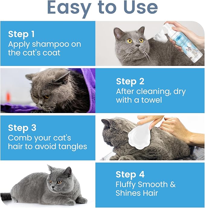 Waterless Cat Shampoo with Brush and Cloth, 6.8 FL OZ Cat Shampoo and Conditioner, Cat Dry Shampoo, No Rinse Formula for Quick Clean, Care for Cats and Kittens with Itching & Sensitive Skin