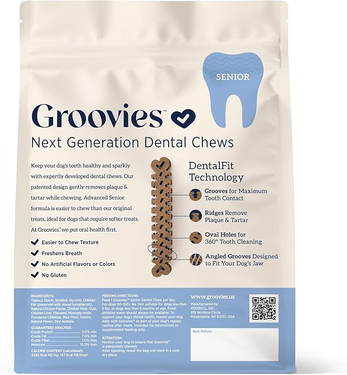 Groovies Slightly Softer, Yet Flexible Dental Chew for Senior Dogs & Delicate Chewers. Powered by USA-Patented DentalFit Tech. No Added Gluten, No Artificial Flavors or Colors. 12oz XLarge (8Chews)