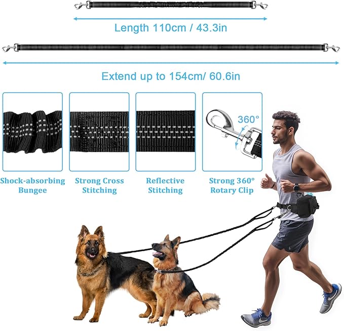 ETACCU Hands Free Dog Leash with Zipper Pouch, Waist Belt for Large Medium 2 Dogs for Running, Walking, Jogging and Hiking, Dual Padded Handles and Durable Bungee - Black