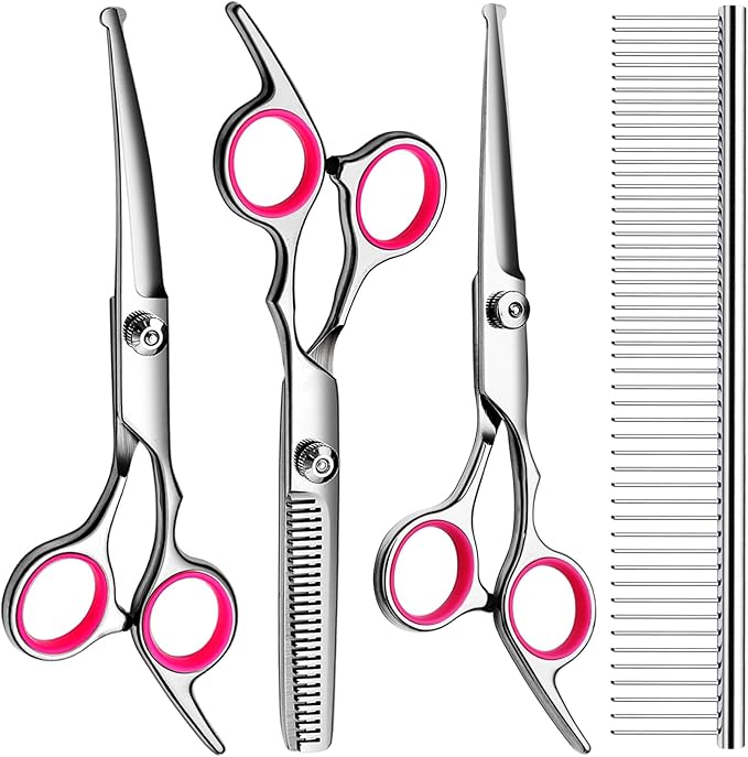 Professional Dog Grooming Scissors Kit, Titanium Coated Dog Scissors for Grooming, Grooming Shears Kit for Dogs Cat At Home (Pink 5 in 1)