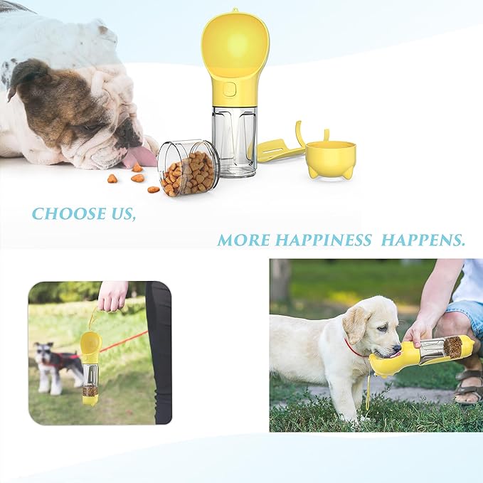 Upgraded Dog Water Bottle,Multifunction with Detachable Pet Treat Container and Poop Bags Box,Trash Shovel,O-Shaped Dog Bowl,Leakproof,Pet Travel,Outdoor Activity Necessities,Yellow(10.56fl oz)
