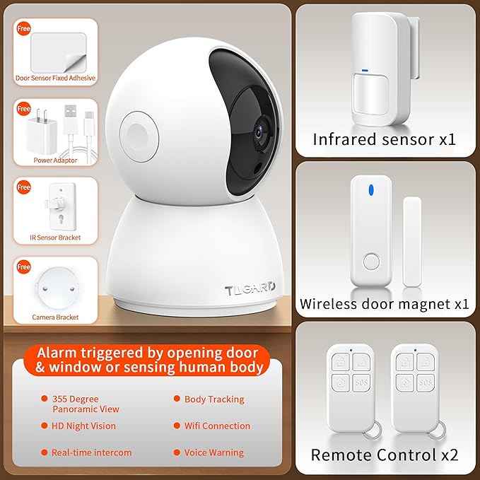 Indoor Security Camera, 1080p HD Dog-Camera, 2.4GHz WiFi Smart Home Security System, with Phone APP Alert, 5pcs Kit (Alarm Camera, Motion/Door Window Sensor, Remote) for Pet/Kid/Home