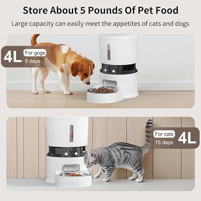 Automatic Cat Feeders with 2 Cameras and App, 4L 1080P HD Timed Pet Feeder Smart Dog Food Dispenser 2-Way Audio for Cats/Small Dogs, Cat Food Dispenser with Night Vision/Motion Alerts, WiFi 2.4G