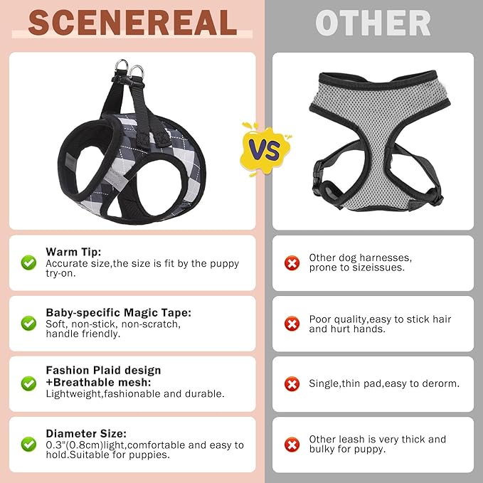 SCENEREAL Small Dog Harness and Leash Collar Set, Step in No Pull Soft Mesh Dog Harnesses for Small Medium Sized Dogs Puppy and Cats Outdoor Walking, No Chock Reflective Vest Harness, Black Plaid M