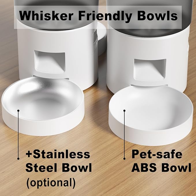 Automatic Cat Feeder for 2 Cats, 4.2L Dual Food Dispenser, Up to 6 Meals/Day, Portion Control, Voice Message, Dual Power Options (Transparent+White, Dual Stainless Steel Bowls)