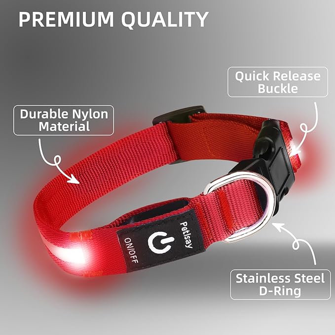 Super Bright LED Dog Collar - Fully Waterproof & Adjustable Glow Collar - USB-C Rechargeable for Night Walking, Safety - Flashing Lighted Collar for Dogs(Red,Medium)