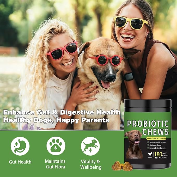 Probiotics for Dogs - 180 Dog Probiotics Chews with 5 Enzymes & 4 Prebiotics for Digestive and Gut Health - Diarrhea & Bowel Support, Yeast Balance, Immunity, Allergies & Itchy Skin (Chicken)