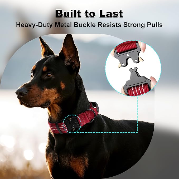 Plutus Pet Tactical Dog Collar with Tracker Packet for AirTag, Adjustable Reflective Nylon Collar, Metal Buckle, Leather-Wrapped Handle, Soft Padded for Medium Large Dogs (Burgundy Red, L)
