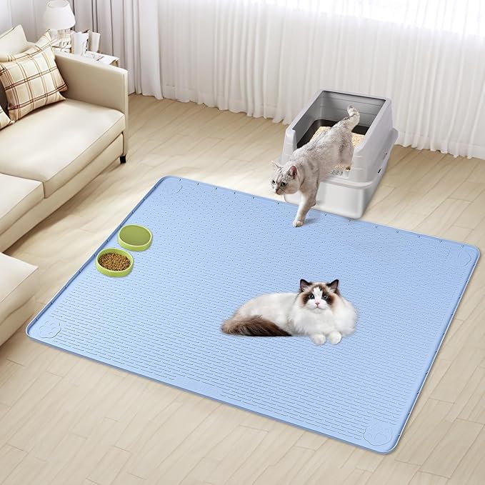 Cat Litter Mat, XXL Extra Large 50" x 35" Silicone Mat Litter Trapping Mat for Scatter Control, Soft on Kitty Paws, Easy to Clean (Blue)