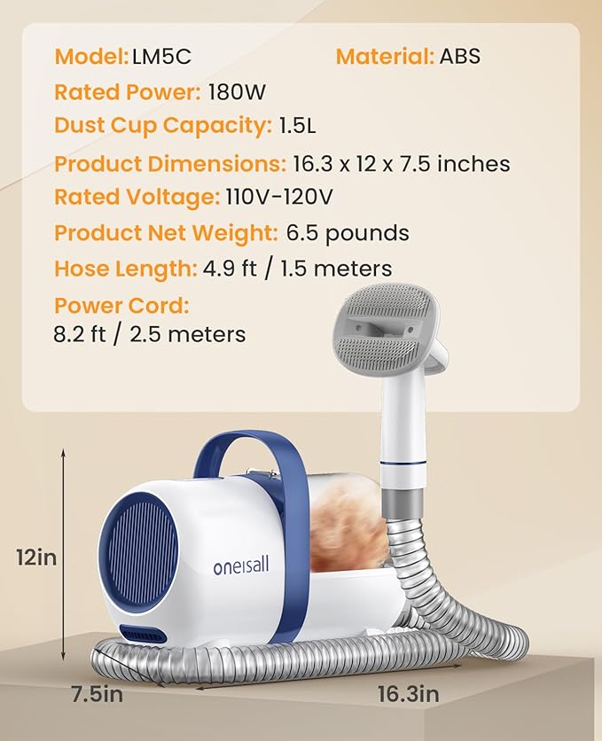 oneisall Cat Vacuum Groomer Quiet, Pet Vacuum Grooming Kit with Clipper Paw Trimmer & Brush, 1.5L Large Dust Cup Pet Vacuum for Shedding, Trimming & Home Cleaning