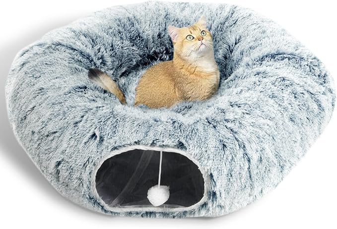 AUOON Cat Tunnel Bed - Christmas Tree Cat Tunnel, Cat Donut Tunnel with Soft Plush Circle Cushion for Indoor Cats Kitten Kitty Puppy Rabbit Ferret (Gray)