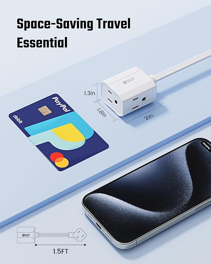 Extension Cord 1.5ft SUPERDANNY Mini Power Strip Ultra Right Angled Flat Plug for Tight Spaces,Indoor Extension with 3 Outlets,for Office Home Appliances,Non Surge Protector for Travel Cruise,White