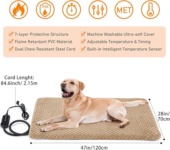 INVENHO Extra Large Pet Heating Pad, Adjustable Temperature Waterproof Dog Cat Heating Pad with Timer, Electric Pet Heated Mat