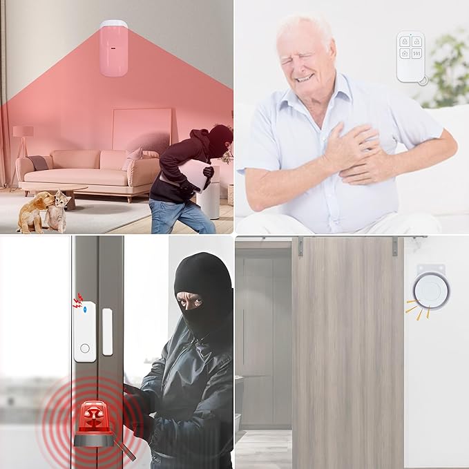 Alarm System with Phone APP Alert,DIY WiFi Home Security Alarm System,12pcs Kit Motion Detector,Door Sensor,Remote Control,Siren,Compatible with Alexa Google for Home Villa,for Children Elderly Safety