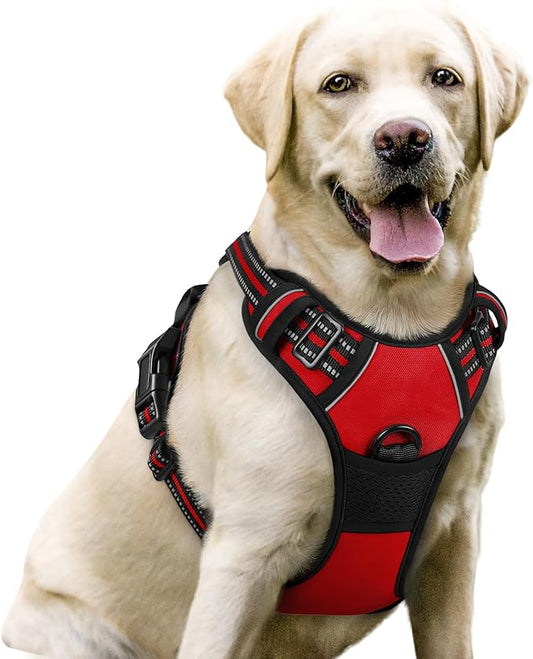 rabbitgoo Dog Harness, No-Pull Pet Harness with 2 Leash Clips, Adjustable Soft Padded Dog Vest, Reflective No-Choke Pet Oxford Vest with Easy Control Handle for Large Dogs, Red, L