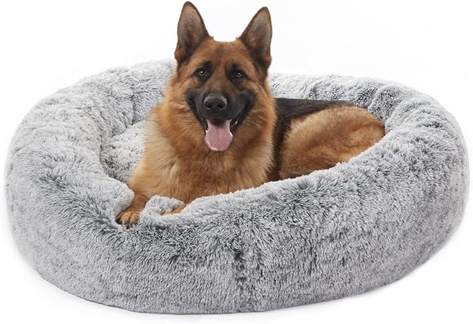 Bedfolks Calming Donut Dog Bed for Extra Large Dogs, 45 Inch Round Plush Bed with Non-Slip Bottom (Dark Grey, Extra Large)