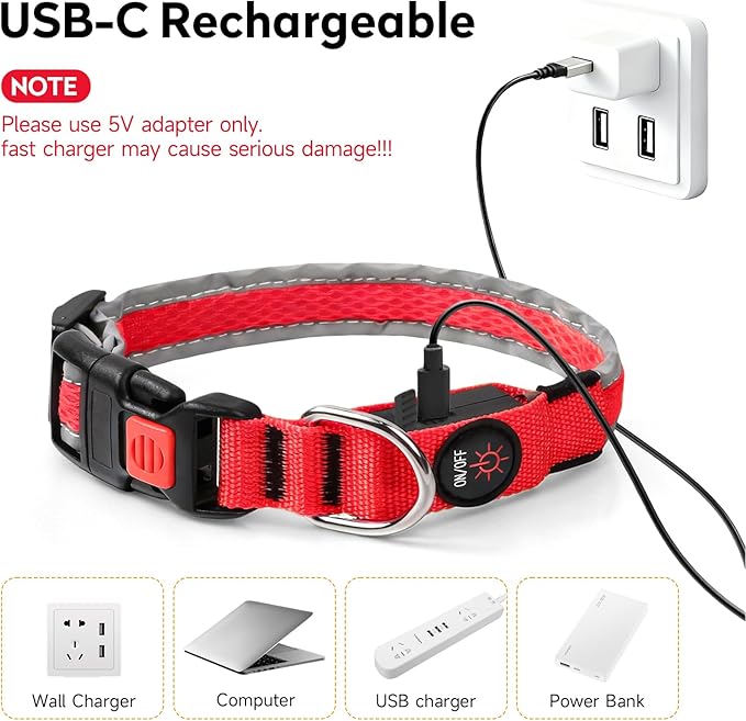 LED Dog Collar, Light Up Dog Collar USB Rechargeable, Nylon Adjustable Comfortable Soft Bright RGB 7 Colors Changeing Safety Light Glowing Collar for Medium and Large Dogs(Medium,Red)