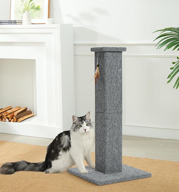 Made4Pets Cat Scratching Post, 32 Inch Carpet Covered Cat Scratcher with Kitten Toy, Tall Scratching Post for Indoor Cats Adults and Kittens, Grey