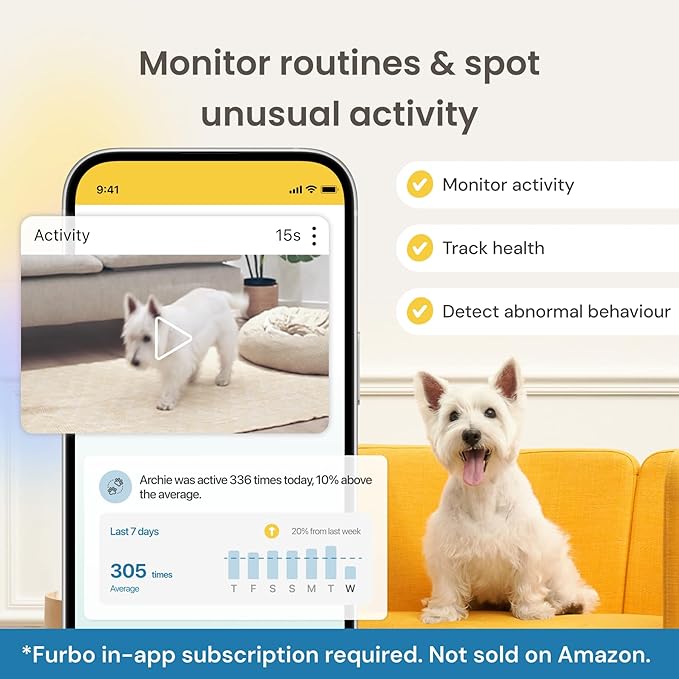 Furbo 360° Dog Camera - Unlock with Paid Plan: Home Security & Dog Safety Alerts, Rotating Pet Treat Dispenser w/ 2-Way Speaker, Smart Indoor Cam w/Phone App (3mo Minimum Subscription Required)